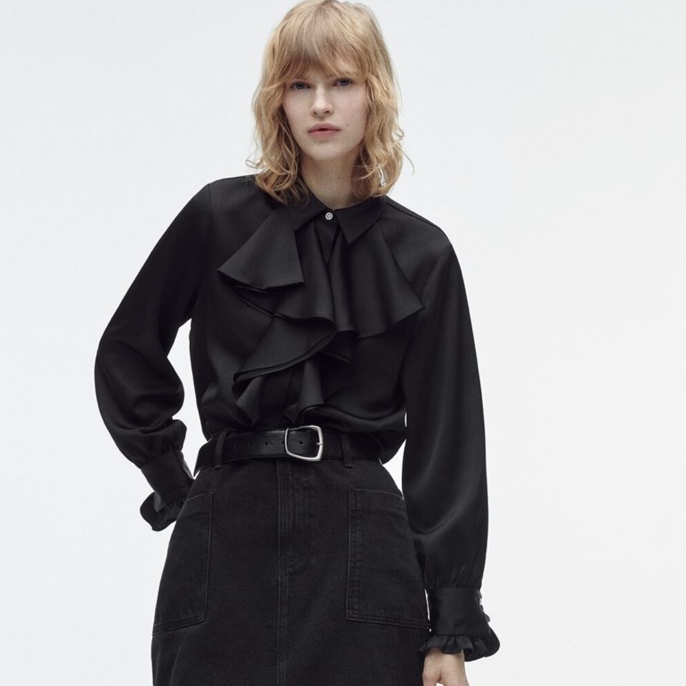 Zara black satin fringe button up shirt